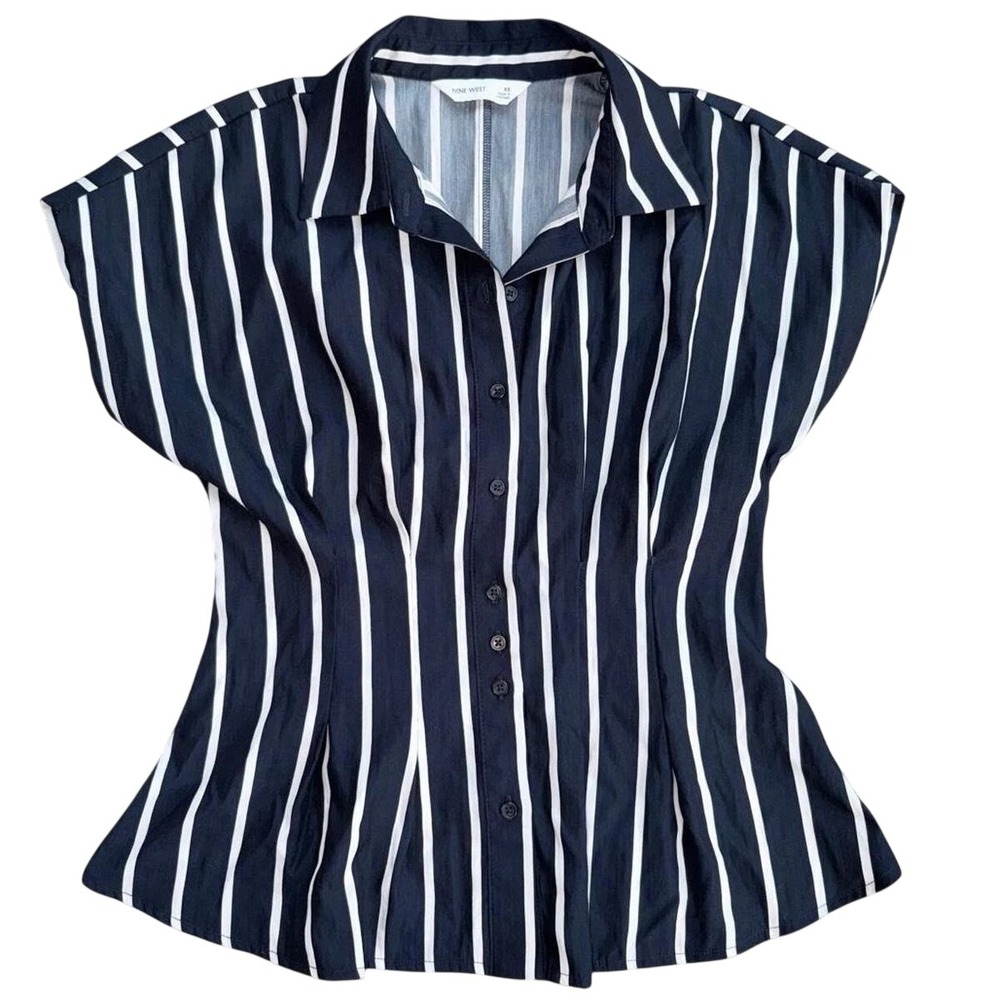 (B5) Nine West Womens Navy Blue White Striped Button Down Short Sleeve Shirt M